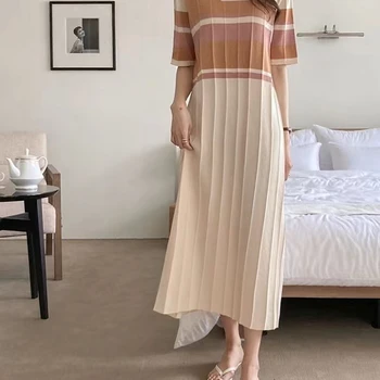 여성용 니트 아이스 실크 여름 드레스, O넥 반팔 캐주얼 루즈 미드 플리츠 드레스, 한국 패션, 대비 색상 