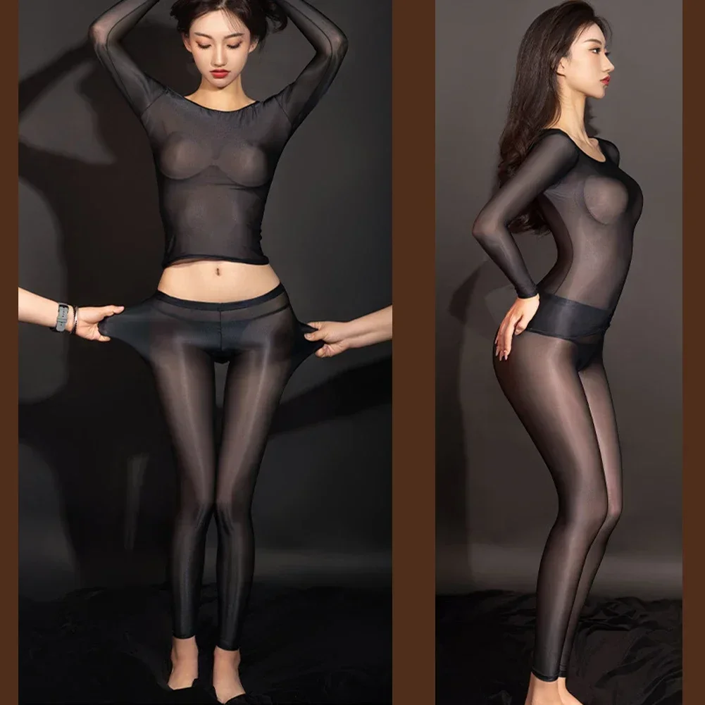 ​Women Oil Sheer Tops Pants Open Crotch Pantyhose Sexy Lingerie Nightwear Clubwear Ultra-Thin Shiny Stockings Smooth Socks A50