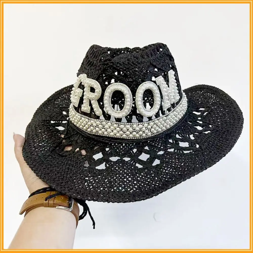 Fashion Rhinestone Letter Bride Groom Cowboy Hat Wide Brim Crochet Cowgirl Hat Hollow Jazz Hat For Wedding Bachelorette Party