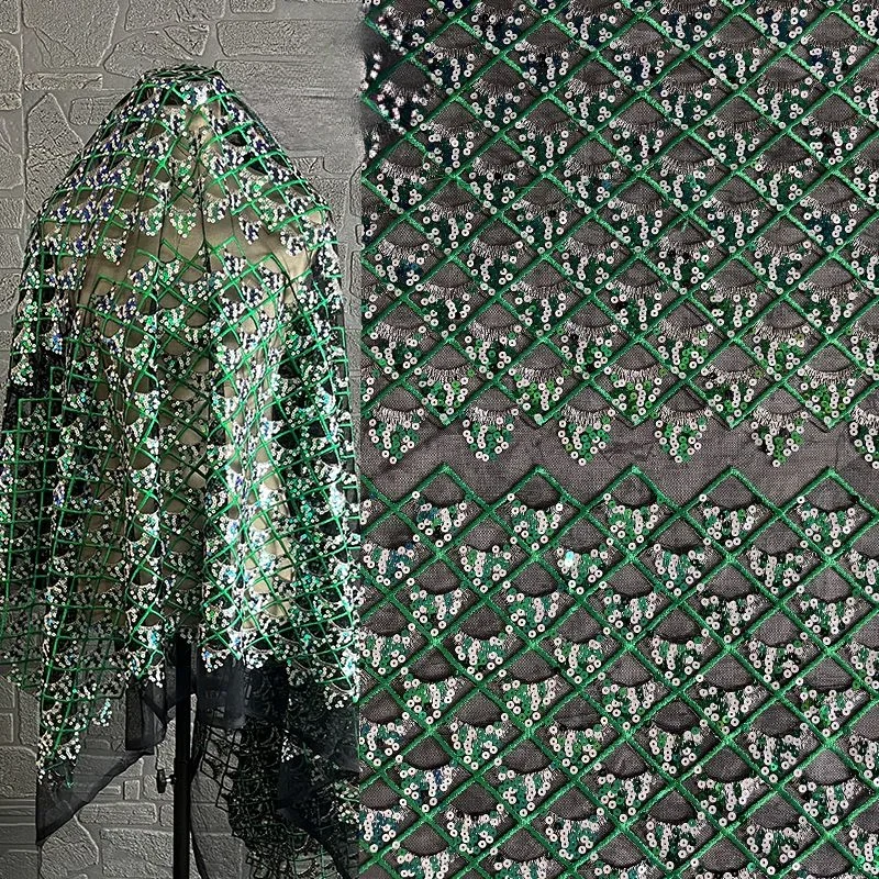 Green Grid Sequins Embroidered Mesh Fabric Colorful Dress Dress Bag Clothing Designer Fabric