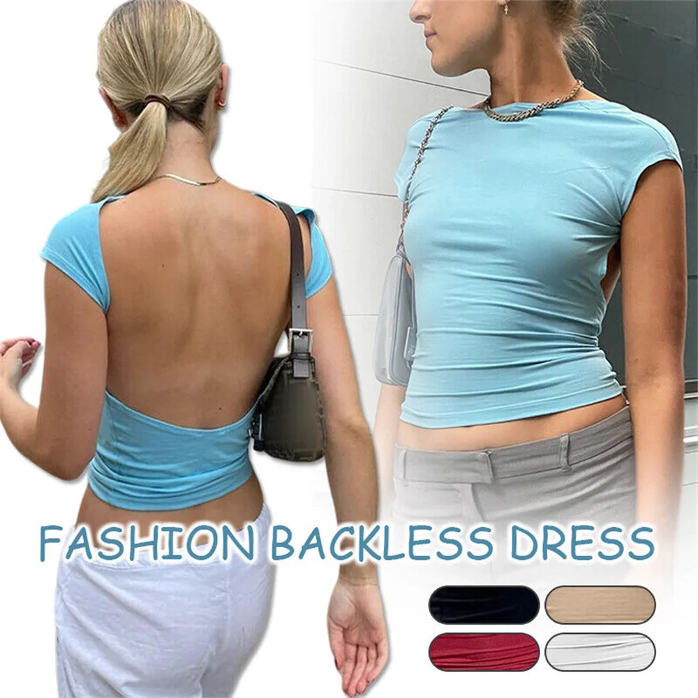 Women Sexy Backless Crop Top Y2K Casual Summer Short Sleeve Open Back T Shirts Streetwear Fit Slim Pullovers Base Tees T-Shirt