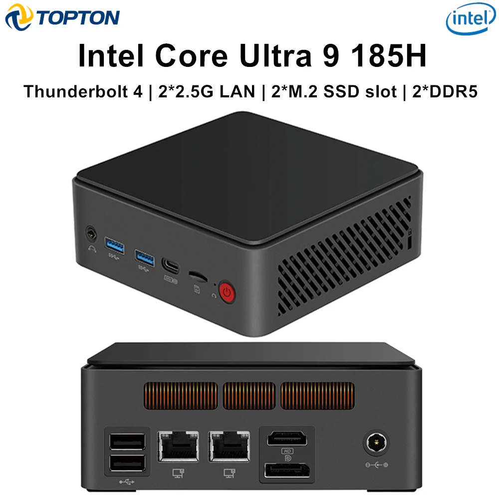 Topton AI Mini PC de jeu Core Ultra 9 185H 7 155H Thunderbolt 4 2x2.5G LAN 2xDDR5 2xM.2 emplacement SSD Win11 Mini ordinateur