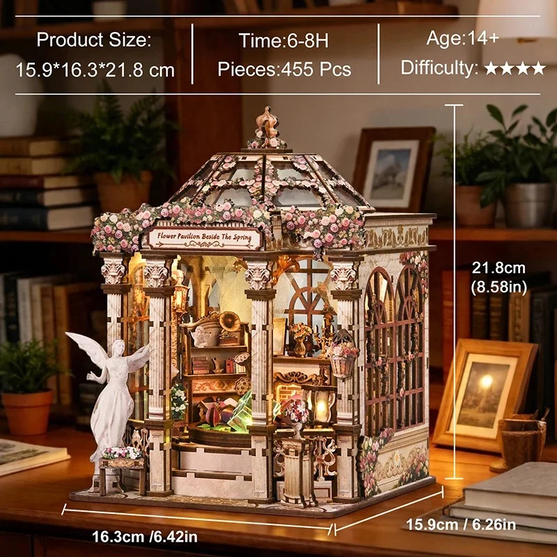 DIY Wooden Miniature Model Kits Flower Pavilion Beside The Spring Cottage 3D Puzzle With Furniture for Friends Birthday Gifts