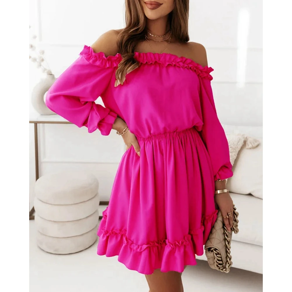 

Off Shoulder Long Sleeve Dresses for Women Party Ruffle Frill Vestido Elegant Summer Femme Trendy Casual Slim Waist Mini Dresses