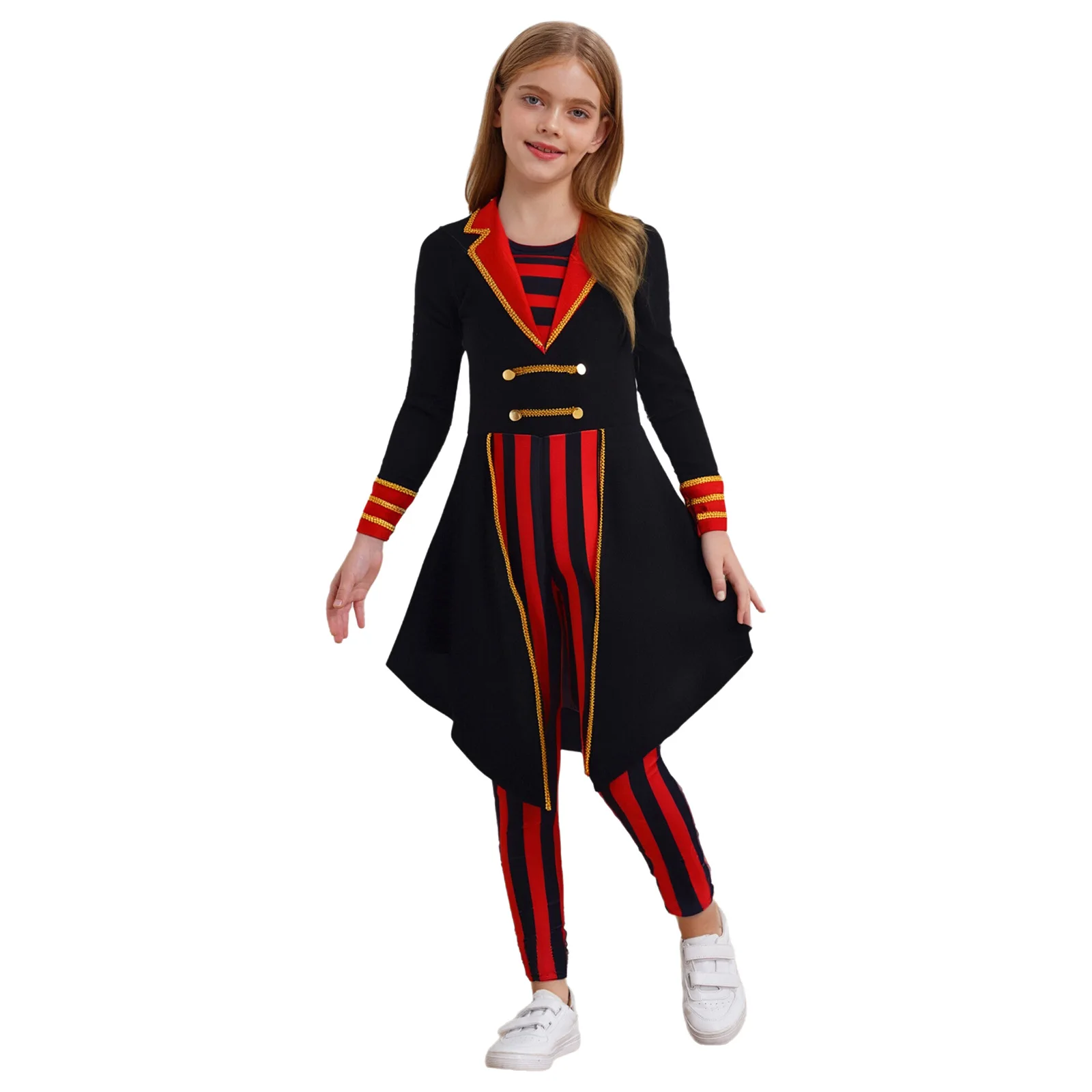 

Halloween Pirate Cosplay Costume Gold Woven Tape Decoration Color Block Stripes Jumpsuit for Holiday Themed Party