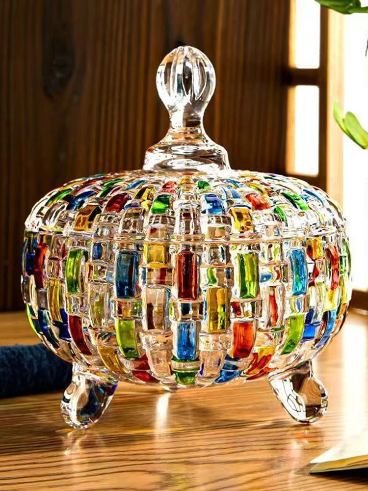 European glass candy jar with lid dried fruit snack jar household fruit plate living room sugar cube candy cup