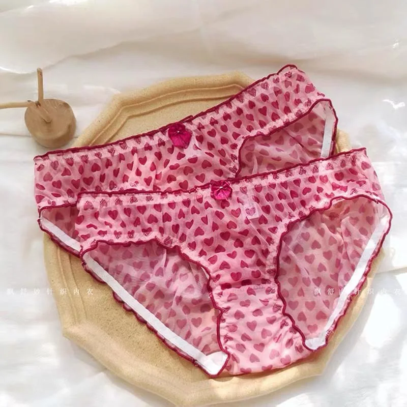 Cute and Breathable Vintage Print Pure Desire Love Mesh See-through Low Waist Sexy Briefs Foreign Trade Underwear Female Student