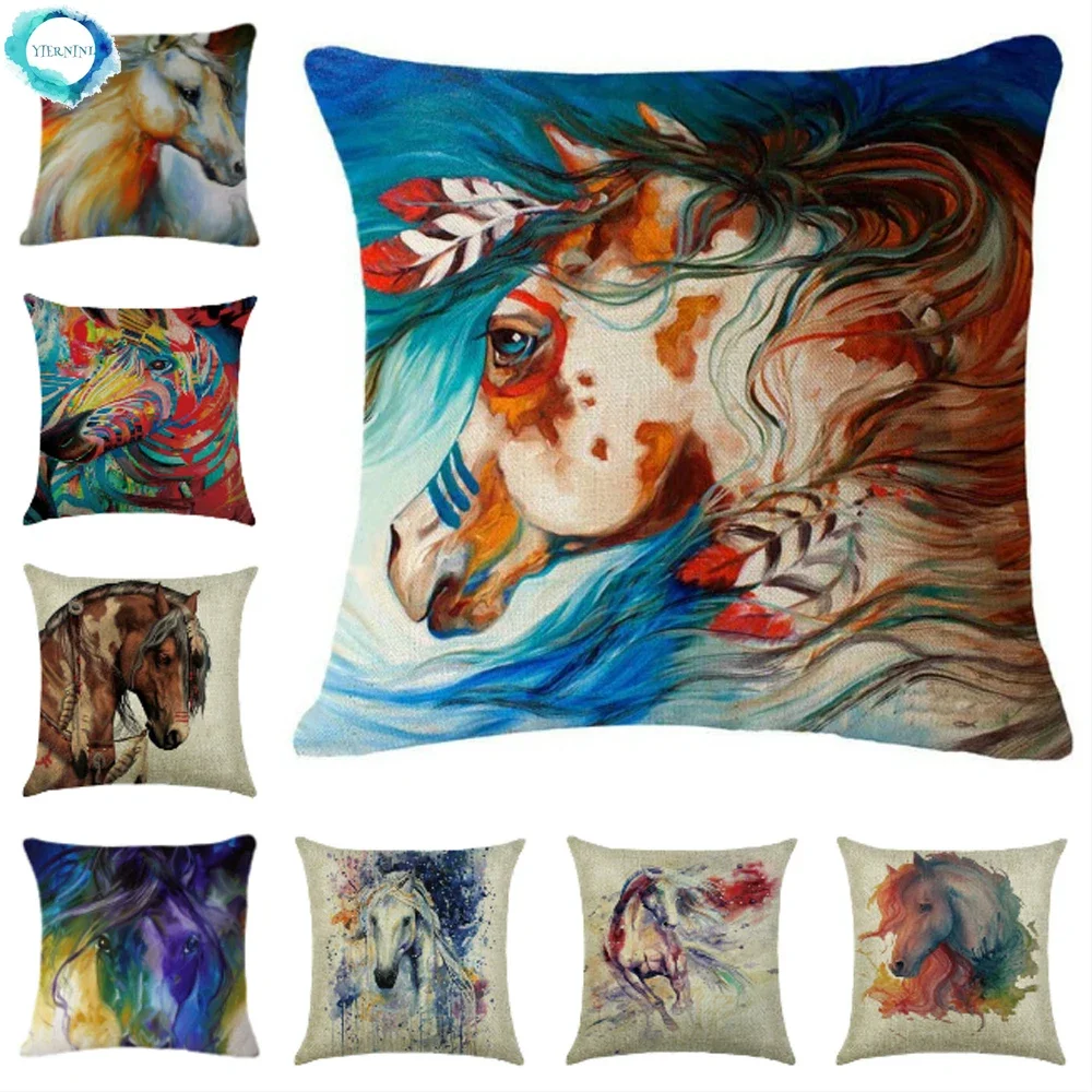 

Horse Printed Decorative Cotton Linen Cushion Cover Sofa Pillowcase Square Pillowcase Pillow Cover Home Decor Fundas De Cojin