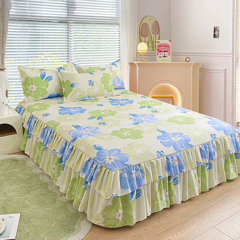 3pcs Cartoon Flowers Bed Skirt Set Plant Floral Pattern Bed Cover Girls Bedroom Bedding with Pillowcase Double Ruffles Bedspread