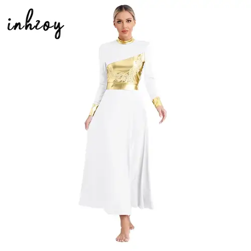 Vestido de baile litúrgico para mujer, bloque de Color, apliques metálicos brillantes, disfraz lírico, vestidos de coro, Ropa de baile de adoración de la Iglesia