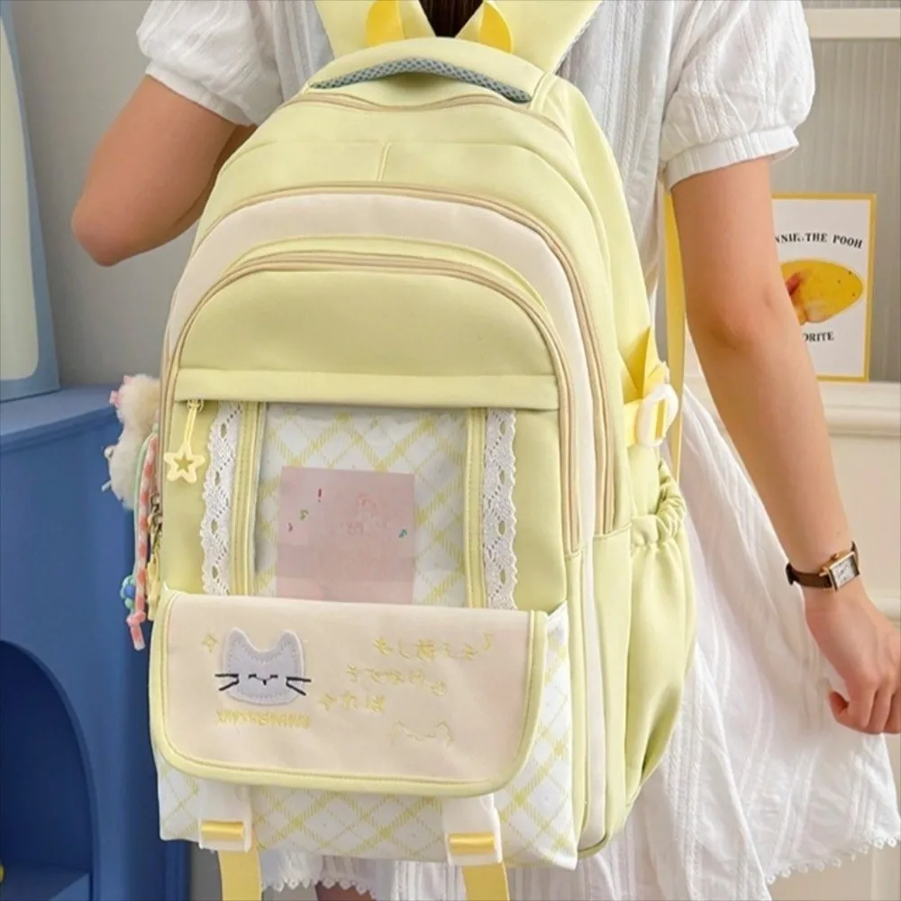 Casual Nylon Hollow Lace Backpack Color-blocked Cute Large Capacity School Bag Durable Preppy Style Cat Plaid Backpack Weekend