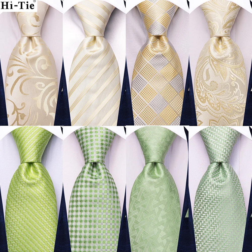 Hi-Tie Champagne Elegant Mens Ties Sage Green Silk Necktie For Men Hanky Cufflink Wedding Party Business Fashion Brand Designer