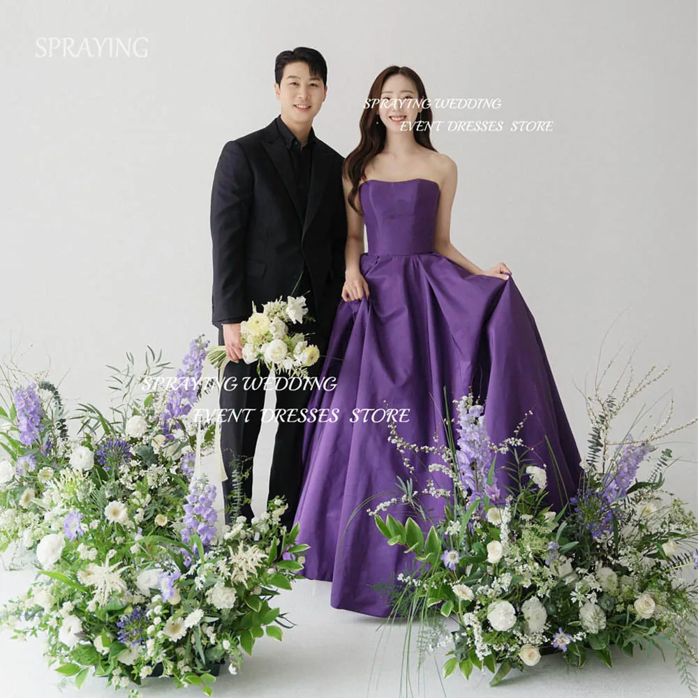 SPRAYING Simple Strapless Purple Corset Back Sleeveless 2024 Wedding Dresses Satin Korea Shoot Long Bridal Gown 웨딩드레스 Prom Dress