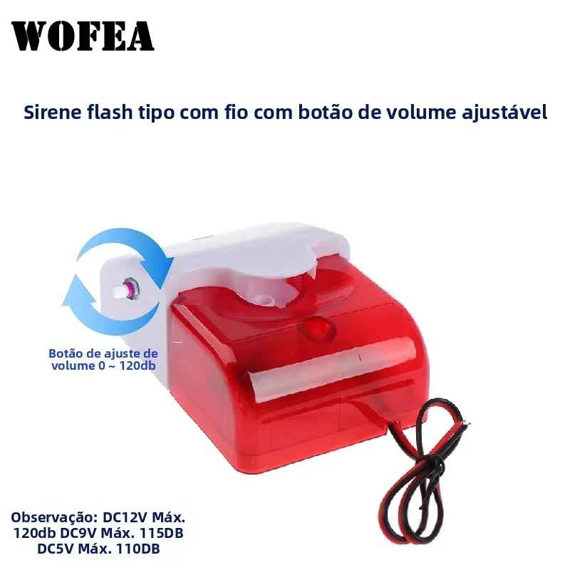 Sirene flash DC5-12V com fio com botão de volume ajustável de até 120DB e luz estroboscópica vermelha piscante para sistemas de alarme de segurança