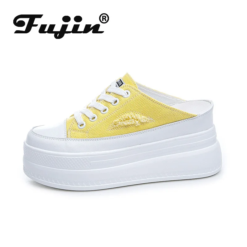 Fujin 8cm Women Summer Shoes Slippers Platform Wedge Heel Beach Shoes Female Slides Mules Shoes Sneakers Fashion Canvas