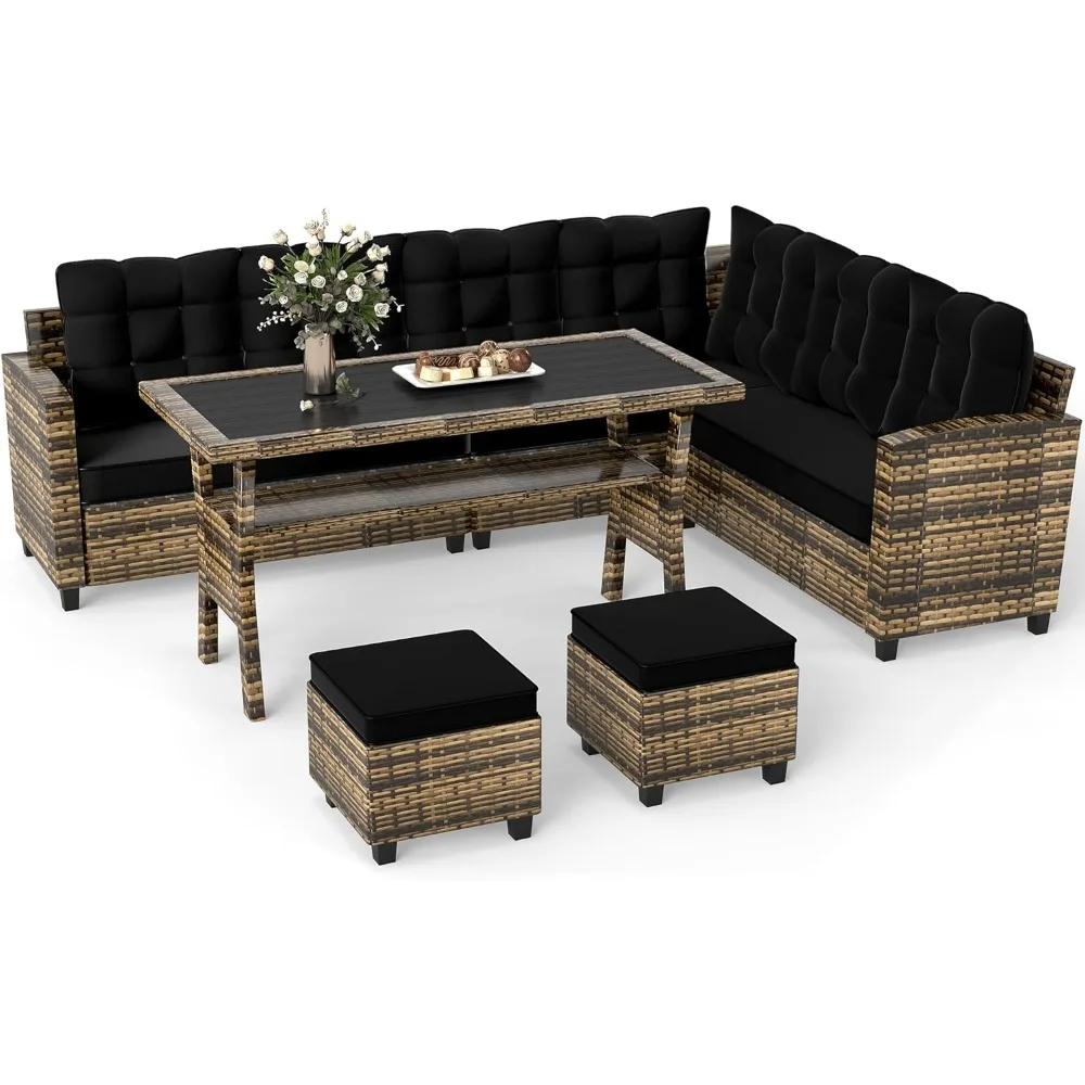 

6 Piece Outdoor Patio Furniture Set, Outdoor Sectional Sofa with Dining Table & Chair, All Weather Dining Set with Ottoman