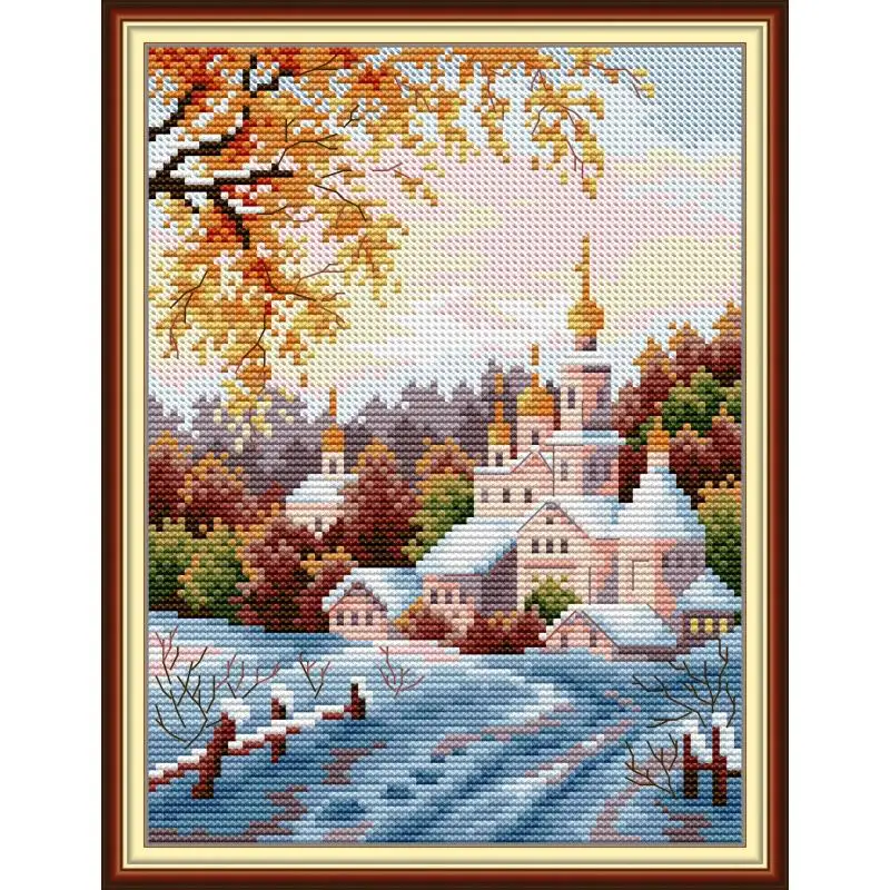 Snowy Mountain Monastery Cross Stitch Kit 14CT 11CT White Canvas Printed Needlework Embroidery Set DIY Scenery Pattern Decor