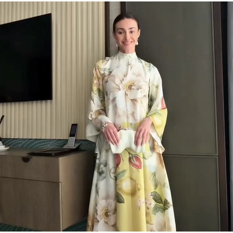 Elegant Floral Printed Women's Dress Stand Collar Full Puff Sleeve A-line Long Dresses 2026 Summer Vacation Party Lady Robes