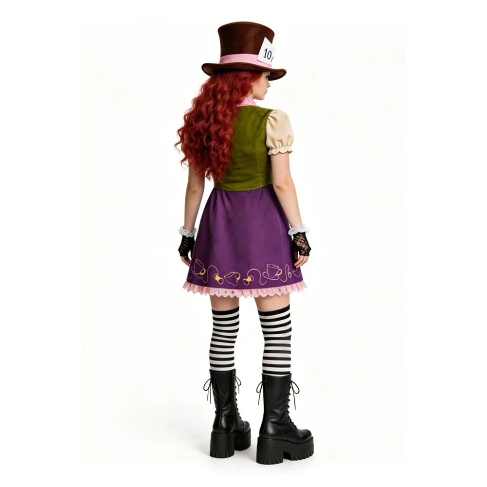 Fantasia Women Mad Cosplay Hat Hatter Costume Cartoon Alice Dress Men Top Pants Outfits Halloween Disfraz Carnival Party Suit view 3
