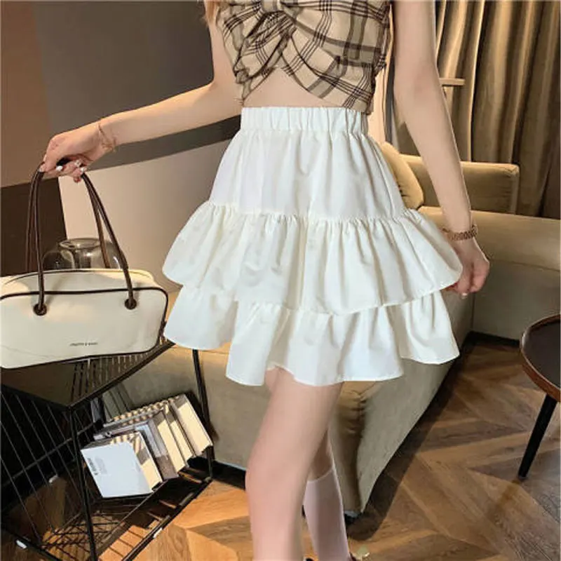 Summer Korean Folds Mini Skirts Sweet Stylish Ruffles Spliced Women's Clothing High Waist Elastic Solid Color Cupcake Skirts New