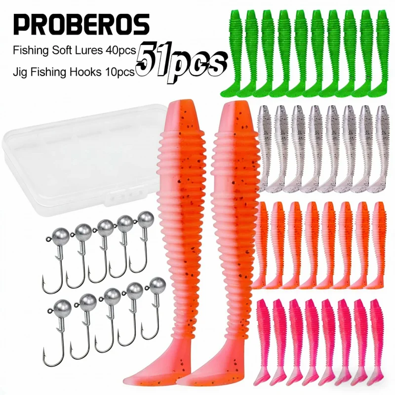 

Набор приманок из 51 предмета: мягкие приманки с джиг-головками, коробка для хранения, универсальный рыболовный комплект для пресной и соленой воды, полное снаряжение.