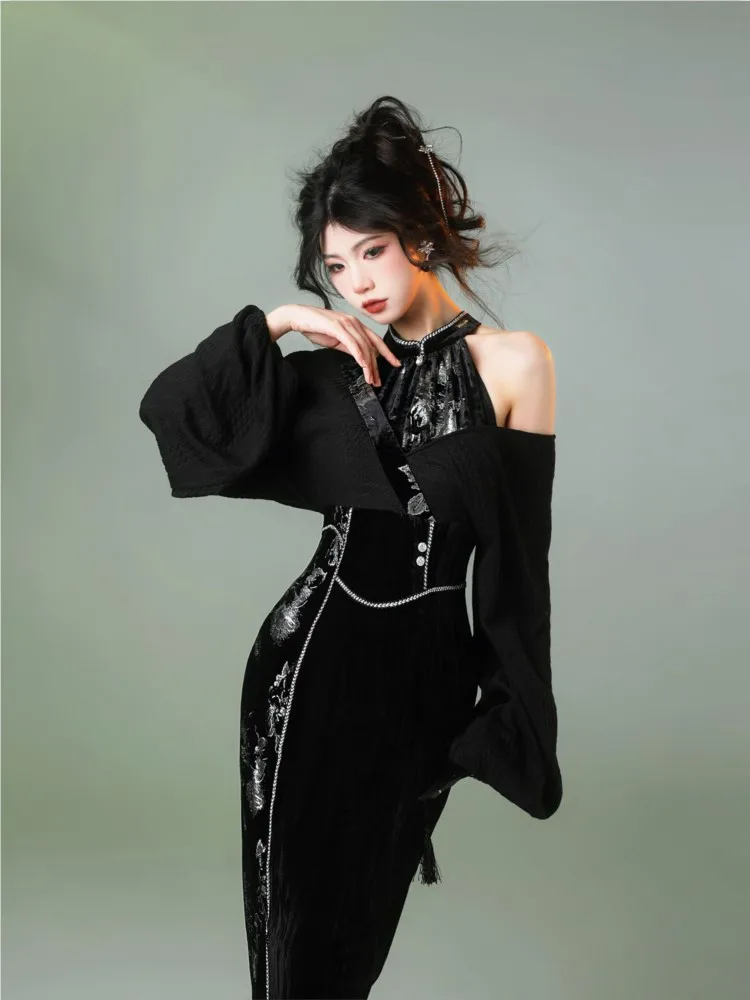 

Новый бархатный вязаный черный длинный Cheongsam в китайском стиле с серебряным тиснением, искусственный комплект из двух предметов.