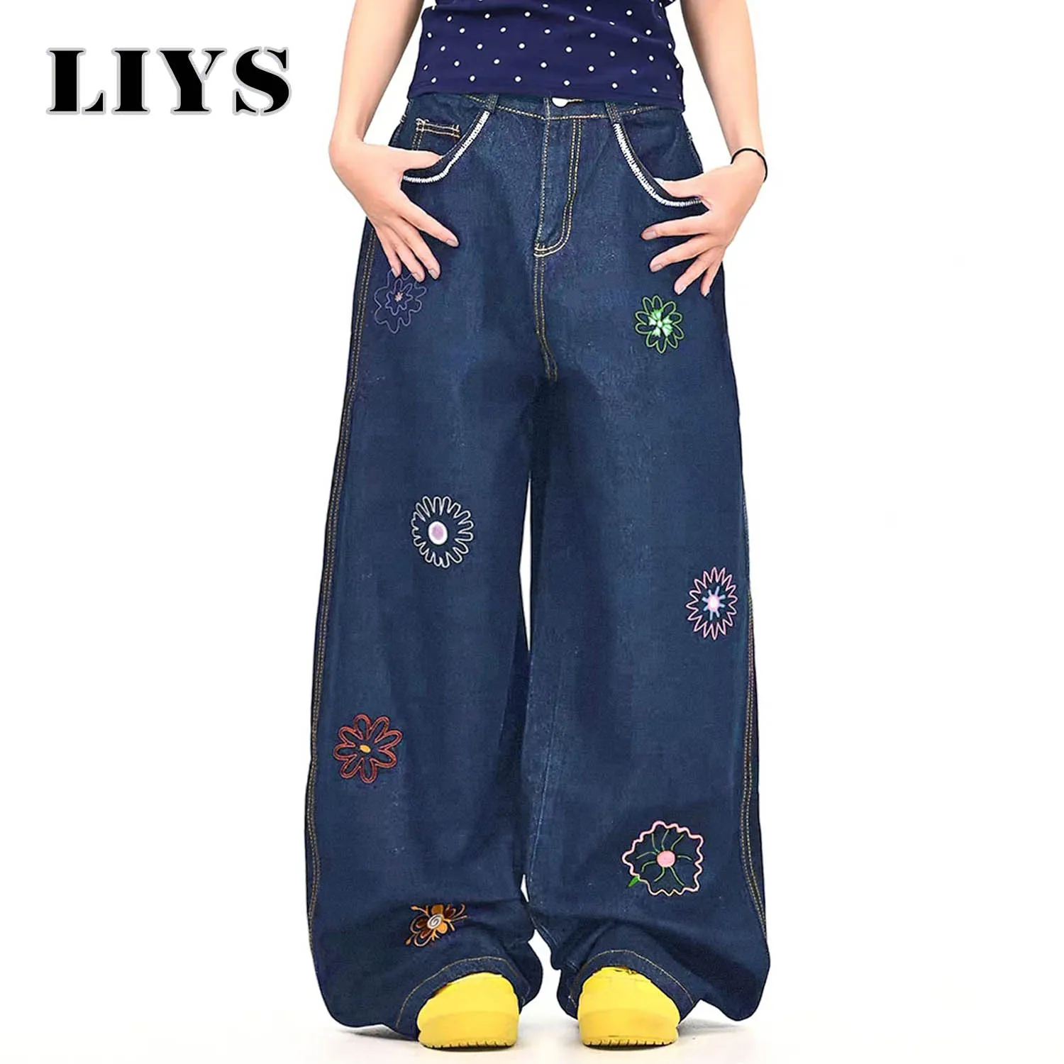 

Korean Blue Retro Y2K Flower Embroidered Loose Wide Leg Jean Unisex Niche Design Baggy Denim Pants American Casual Men's Clothes