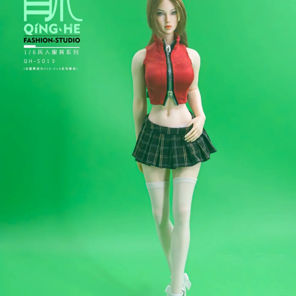 【Only Clothes】1/6 Scale Female Soldier Tight-fitting Zipper Crop Top Pleated Plaid Skirt  Thigh-highs Fit 12''Action Figure Toys