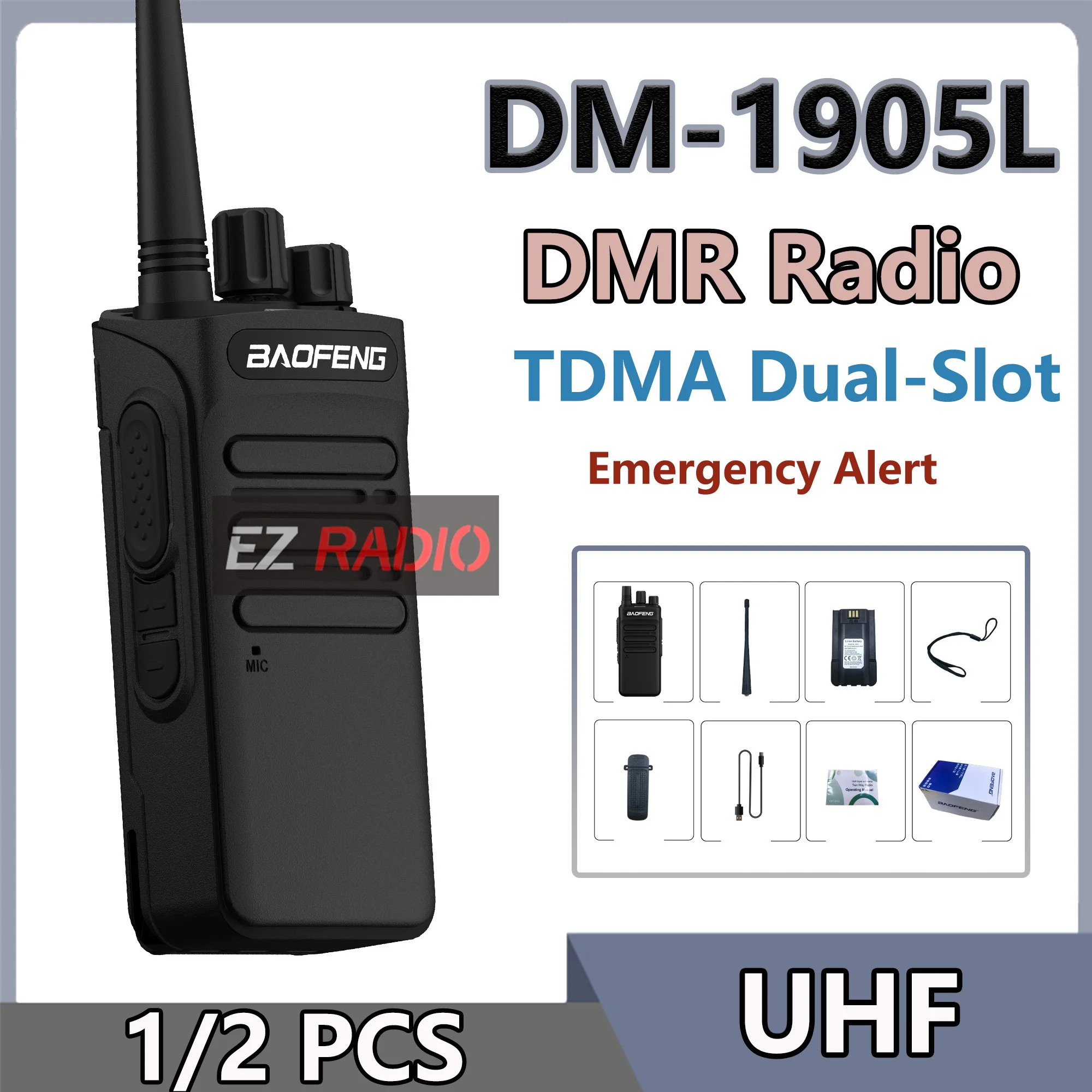 baofeng-dm-1905l-ポータブルdmrトランシーバー、tdma方式、デュアルスロット、デュアルモード（デジタル-アナログ）、uhf-400-470mhz対応。