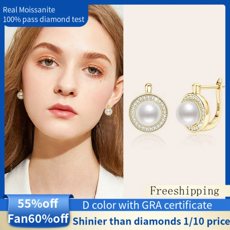 

RealMoissanite With Vintage Freshwater Pearls Women's Diamond Earrings Silver Earrings s925 100%Pass the Diamond Test NIKA