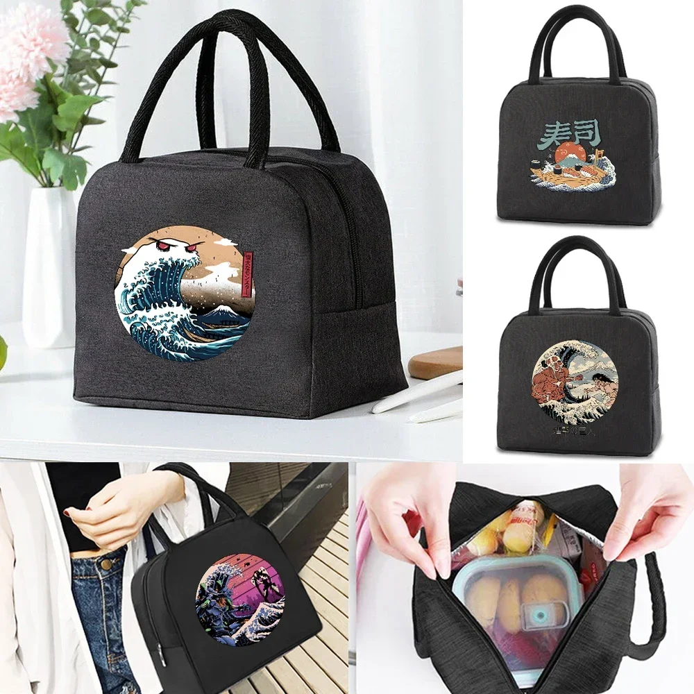 Insulated Lunch Bag for Men and Women Insulated Lunch Container Canvas Insulated Lunch Box Wave Pattern Suitable for Beach Beach