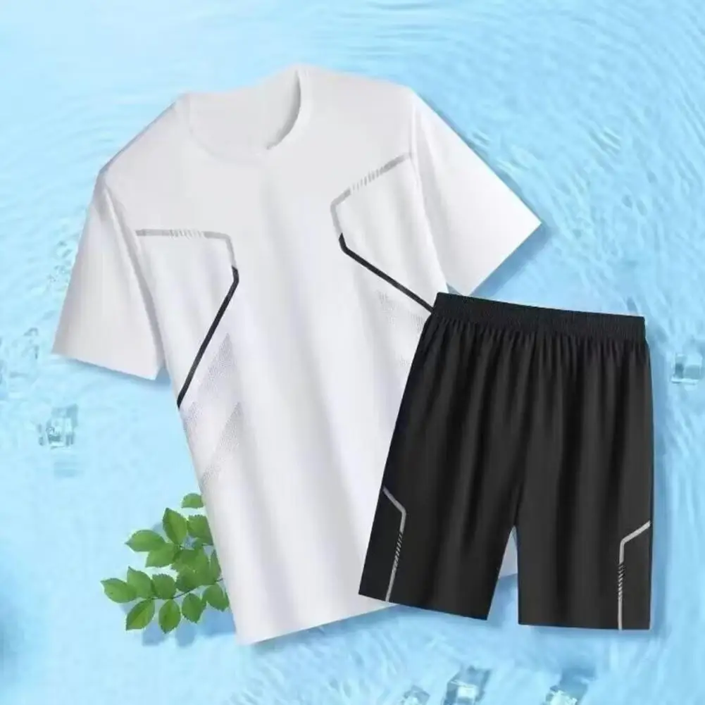 Men Tracksuit Set Men's Quick-drying Sportswear Set with Round Neck Tee Shirt Elastic Waist Shorts 2 Piece Tracksuit for Active