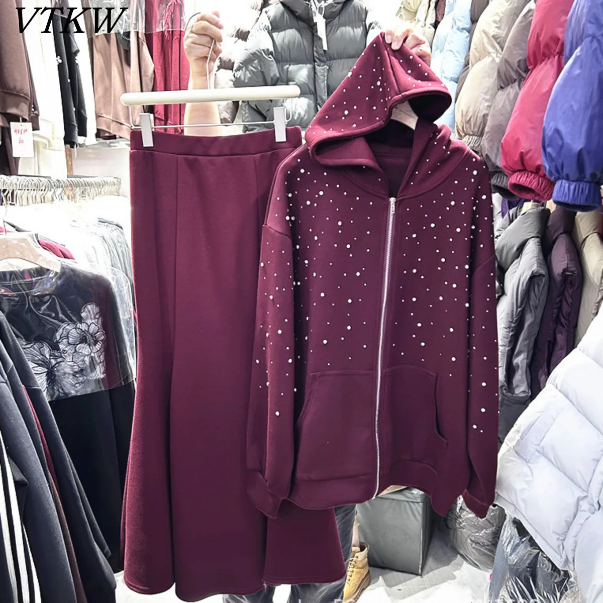 

VTKW 2025 женский комплект из 2 предметов, куртка с капюшоном и блестками, юбка-русалка с эластичной резинкой на талии, однотонная винтажная повседневная осенне-зимняя новинка, удобная