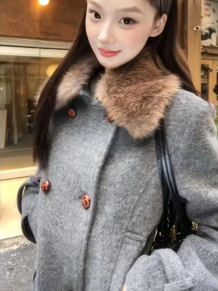 Korean Temperament Gentle Lapel Gray Coat Retro French Double Breasted Waist Cinched Woolen Long Sleeved Jackets 방수자켓