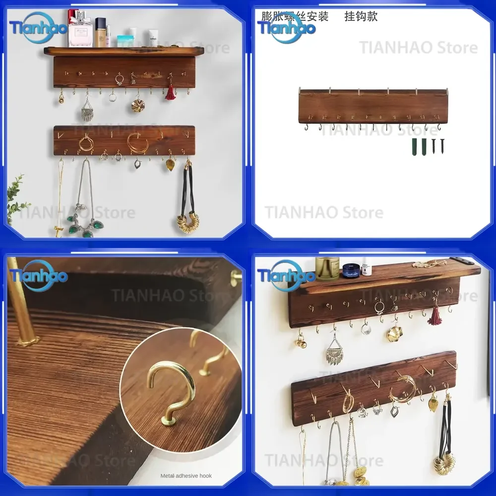 Wooden Jewelry Organizer Wall Mounted Display Rack for Entryway Key Hooks Necklace Holder Bracelet Display