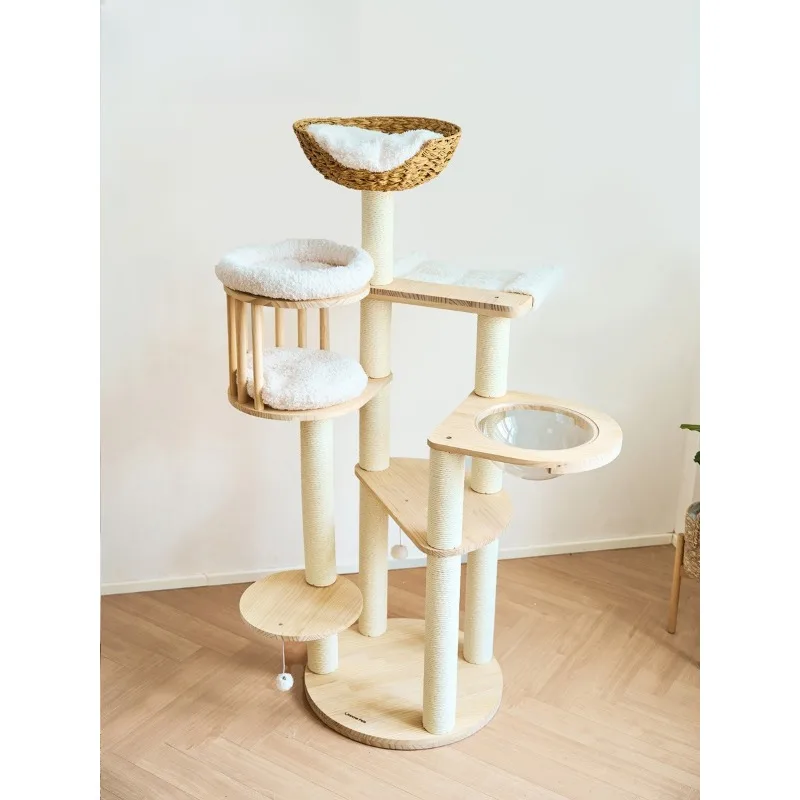 All solid wood cat climbing frame, integrated cat tree nest, small apartment with claw rattan weaving