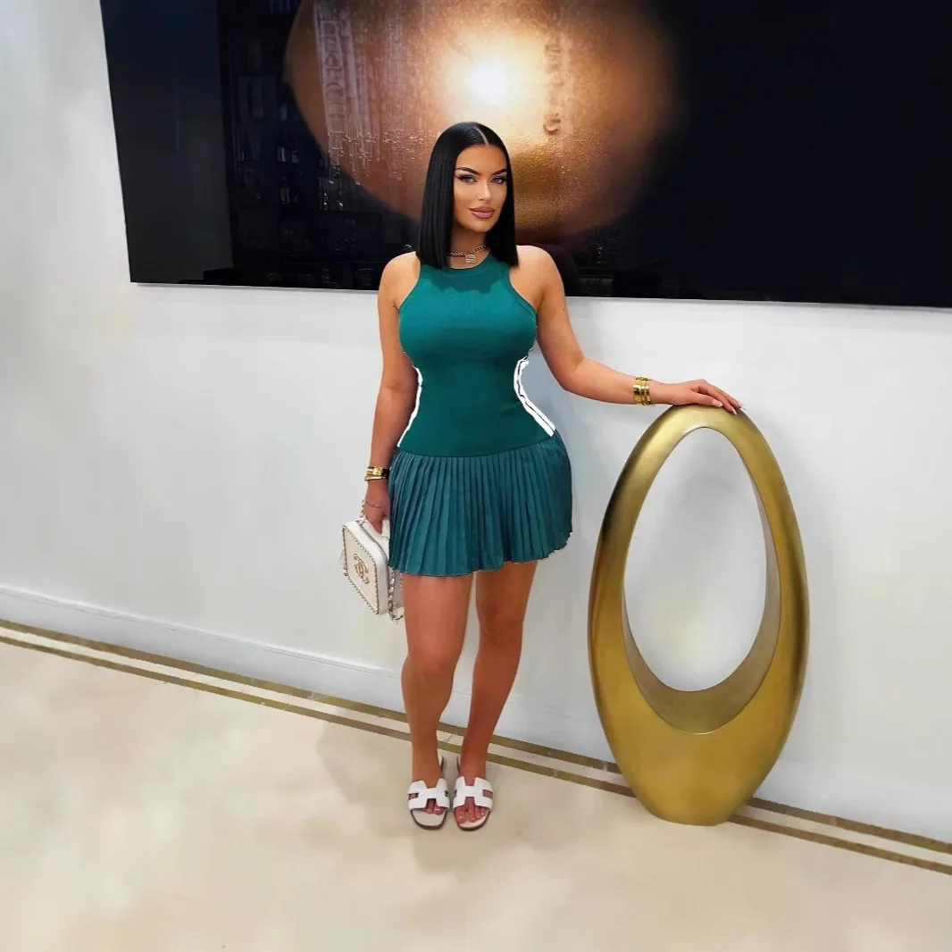 

European and American summer women's clothing, slim-fit threaded casual sleeveless pleated skirt swing mini skirt