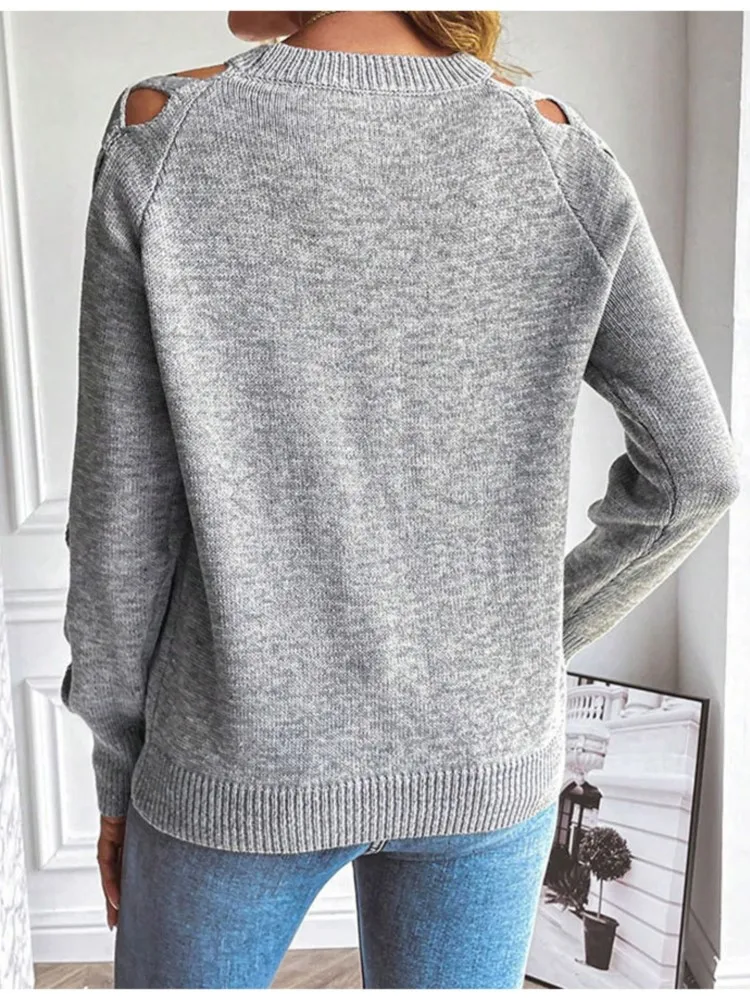 Automne hiver pull femmes 2025 mode creux à manches longues tricoté col rond hauts pull Femme