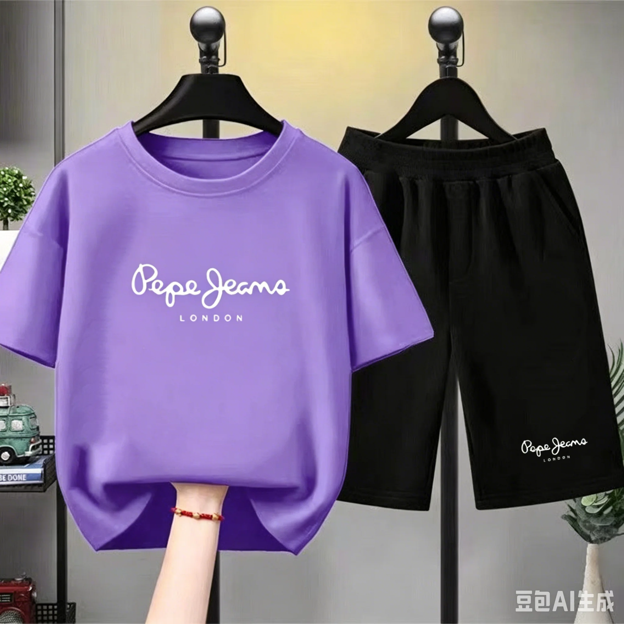 Kinderkleidung Marken-T-Shirt mit Buchstaben-Print 3-12 Jahre Jungen Mädchen Kurzarm-Oberteil+Shorts Lässiges Mode-Sportset – Detail 5