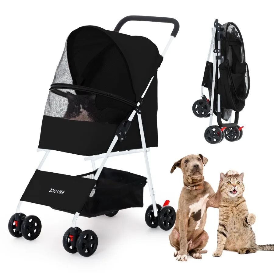 4-Wheeled Pet Stroller for Cats and Dogs, Foldable Travel Carrier with 360-Degree Swivel, Black