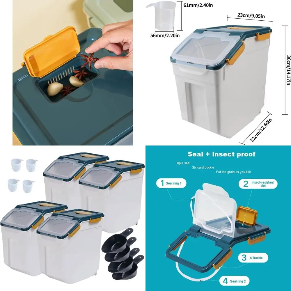 Contenedor grande para almacenamiento de arroz de 25 libras con vaso medidor, dispensador sin BPA para cereales, comida para perros, productos secos (paquete de 4, azul oscuro)