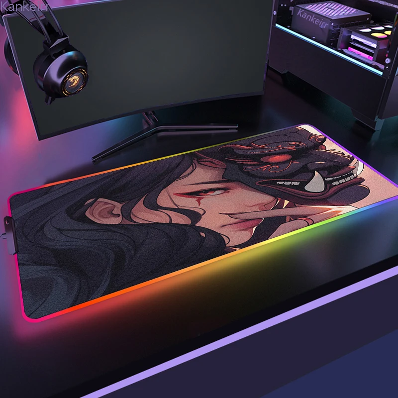 RGB Devil Mask Girl Anime Rubber Mouse Pad HD Printing Demon Led Deskmat Gaming RGB Gamer Locking Edge Computer Luminescence Mat