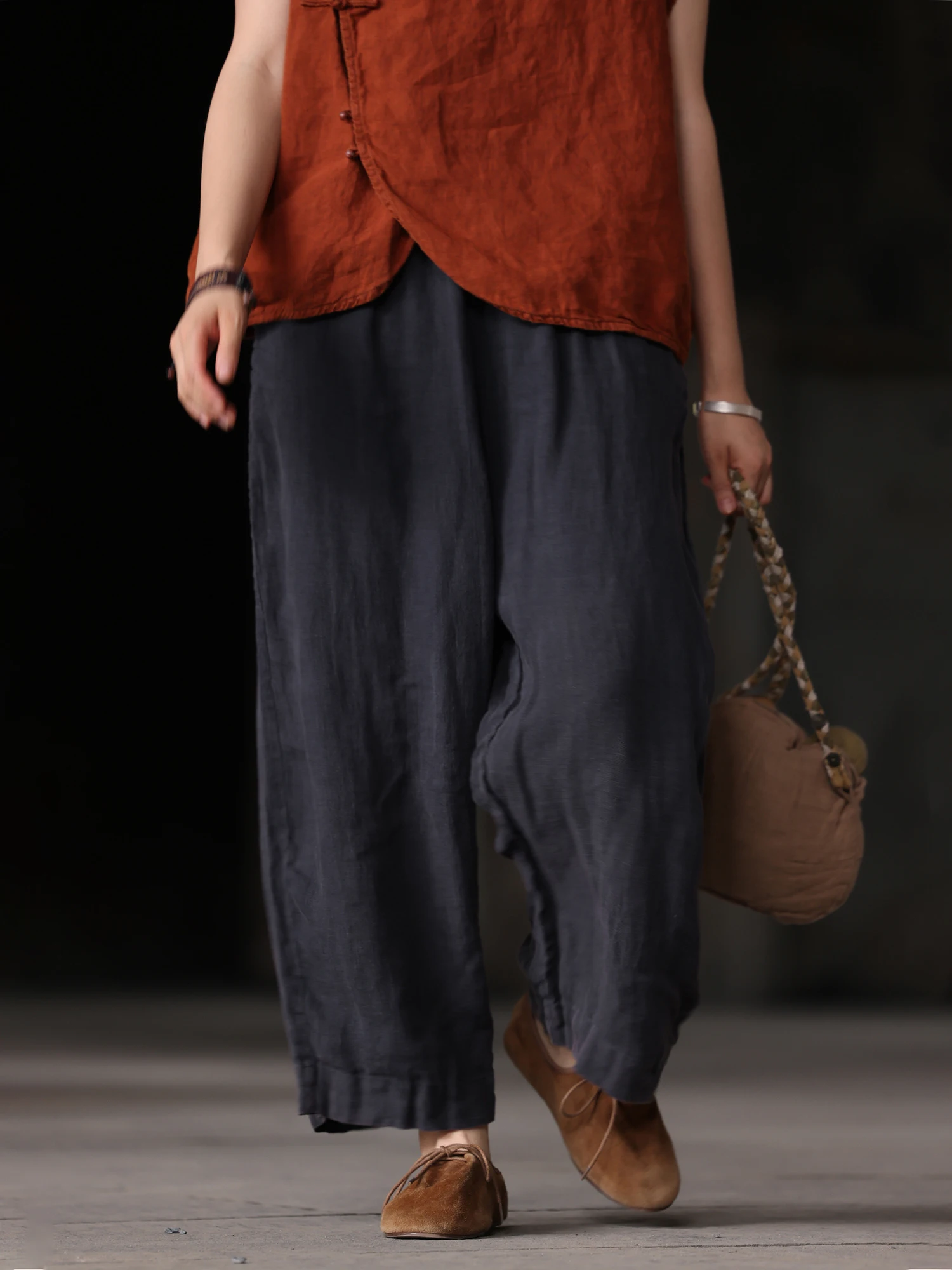 

Soft Thin Cotton Elastic Waist Casual Pants Comfortable Loose Fit Straight Leg Nine-Tenths Length Summer Fashion Women's Clot...