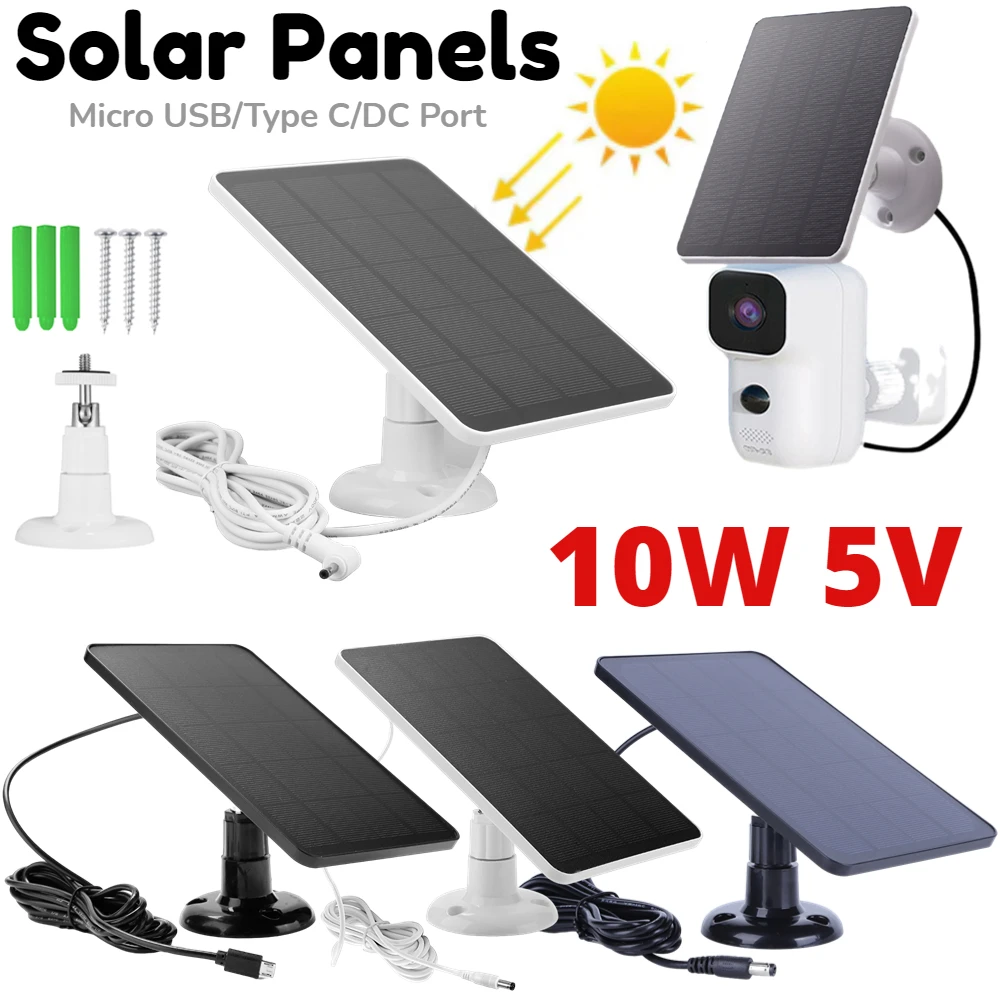 10W 5V Solar Panel Charger 360° Adjustable Bracket Security Camera Solar Cells Charger Micro USB Type C Charging for Light Syste