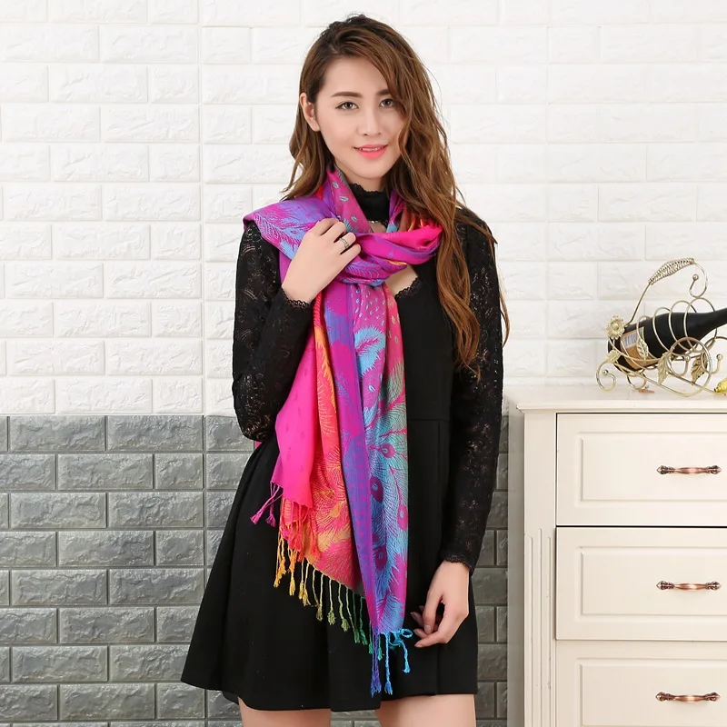 Bohe Style Feather Jacquard Scarf Women Soft Long Shawls and Wraps Gradient Color Ethnic Shawl Sunshade Travel Scarves Pashmina