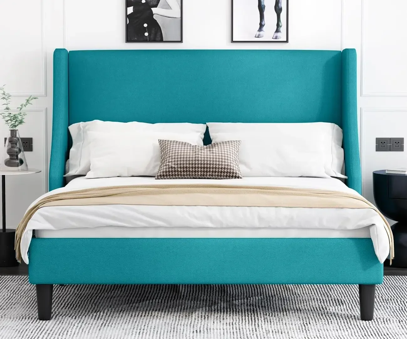 

Queen Bed Frame, Platform Bed Frame Queen Size with Upholstered Headboard, Modern Deluxe Wingback