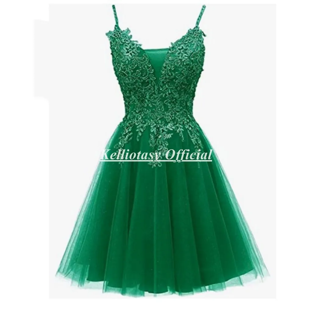 

Custom Made Green Bridesmaid Dresses With Lace Appliques Spaghetti Strap Short Mini Sexy Girls Wedding Party Gown SWS027