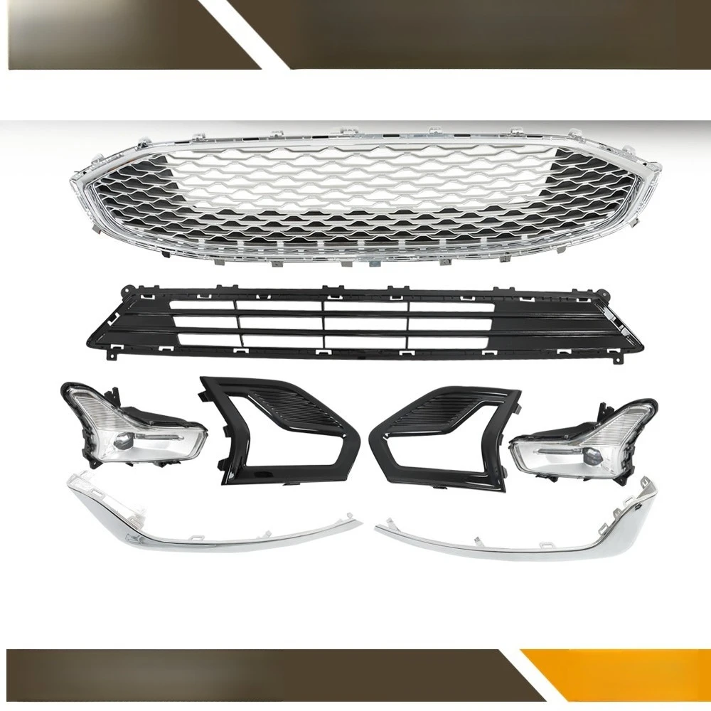 

For Ford Fusion 2019 2020 Front Bumper Upper+Lower Grill&Fog Light Set&Trim Bar
