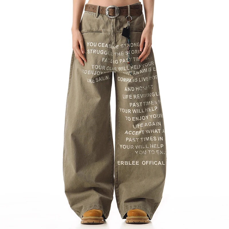 

Женские джинсы цвета хаки с принтом, с высокой талией, удобные, свободные, с широкими штанинами, повседневные, модные, тонкие брюки