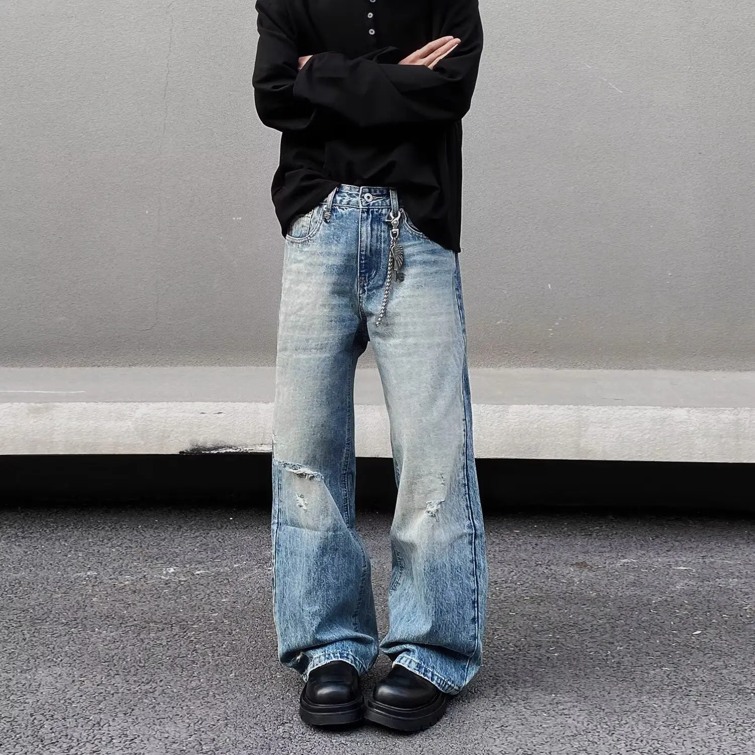 

Retro ripped flared jeans men's cleanfit loose straight all-match trousers